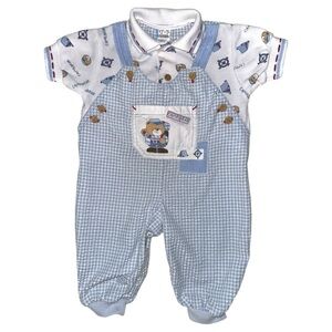 Vintage Camp Bear Baby Boy's Overalls Romper 6-9 Months, Blue Gingham 1997